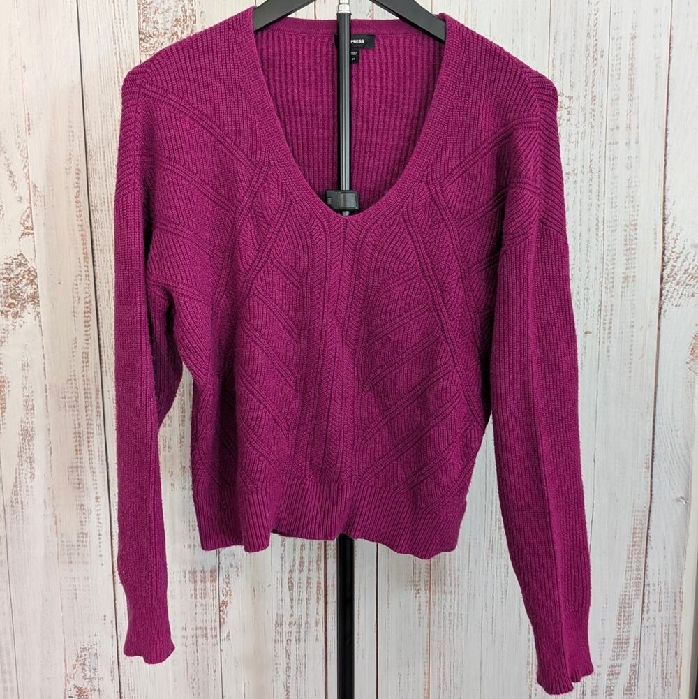 Express Sweater Womens XS Magenta Berry Ribbed Knit V Neck Dolman Slouchy Top